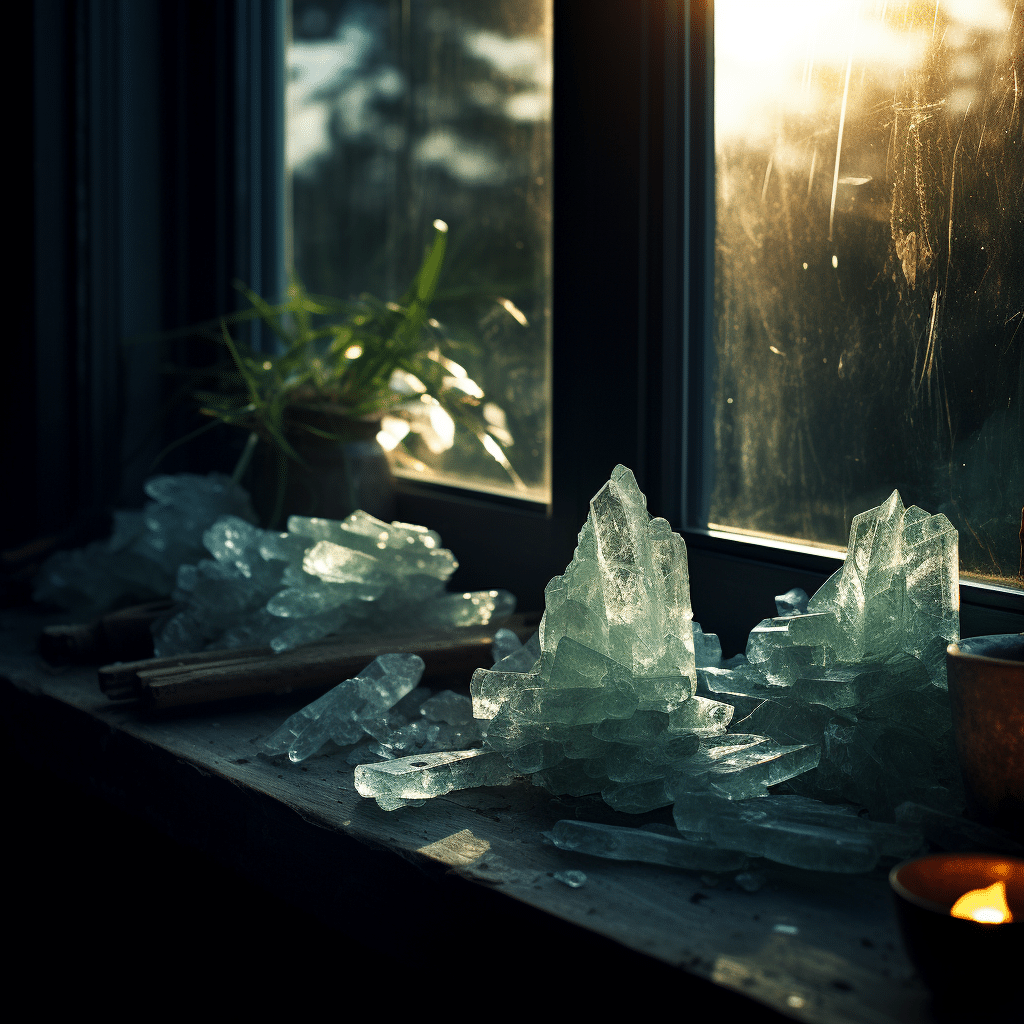 Actinolite crystals laid out on a windowsill