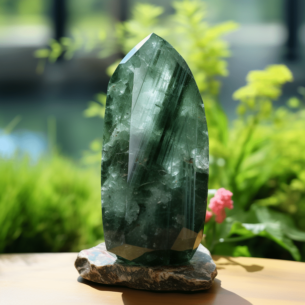 Actinolite stone placed on a serene background