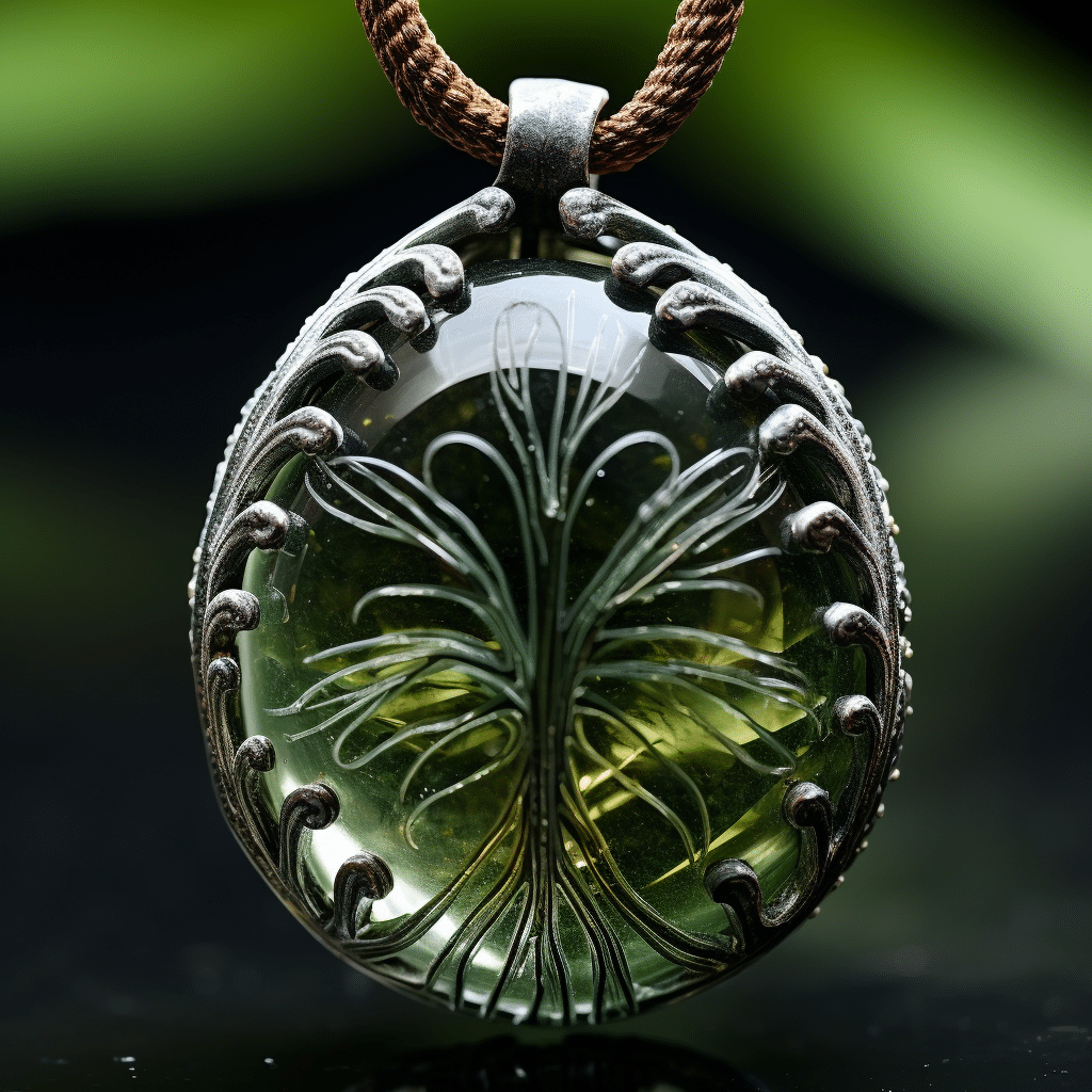 Close-up of a transparent actinolite pendant