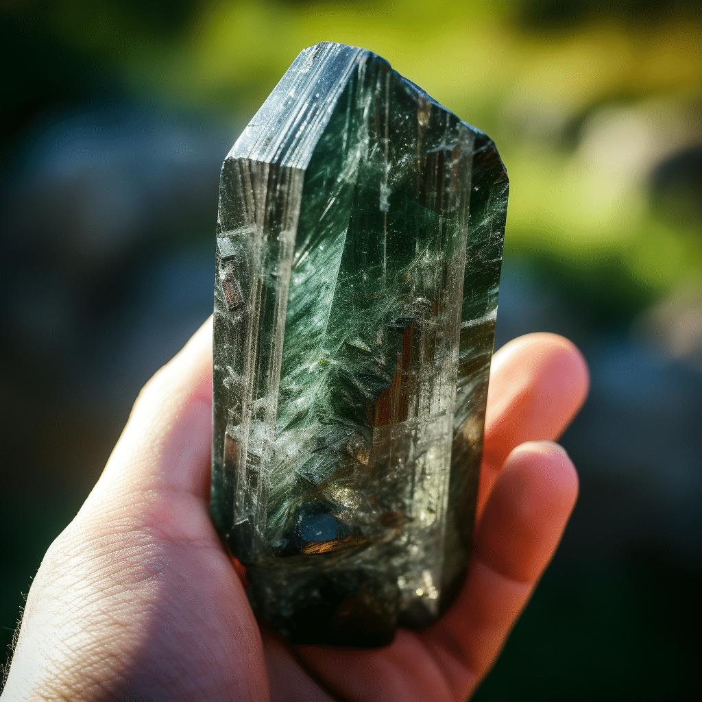 Close-up of dark green actinolite crystal