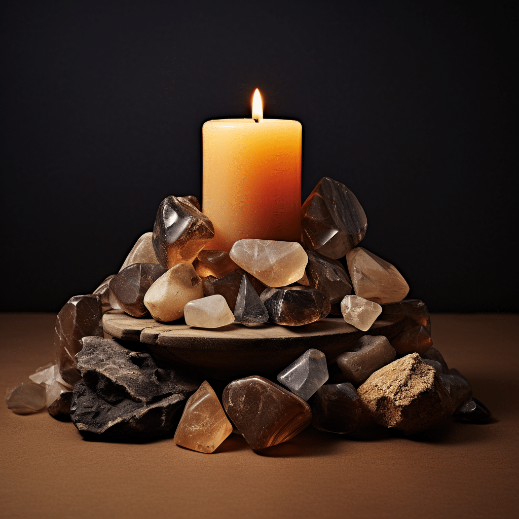 An array of stones surrounding a lit candle, representing emotional warmth and dispelling darkness.