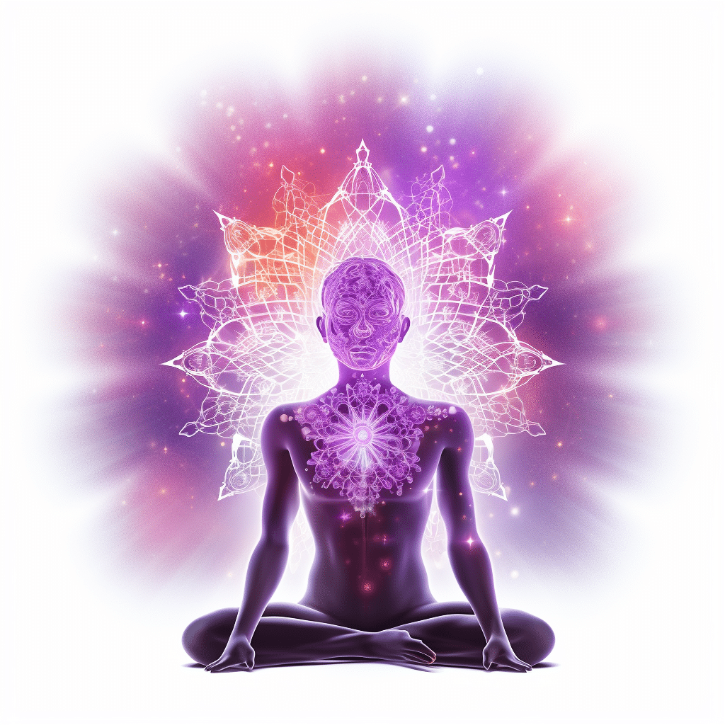 Illustrative diagram of the human silhouette showing the crown chakra activated with crystal's energy.