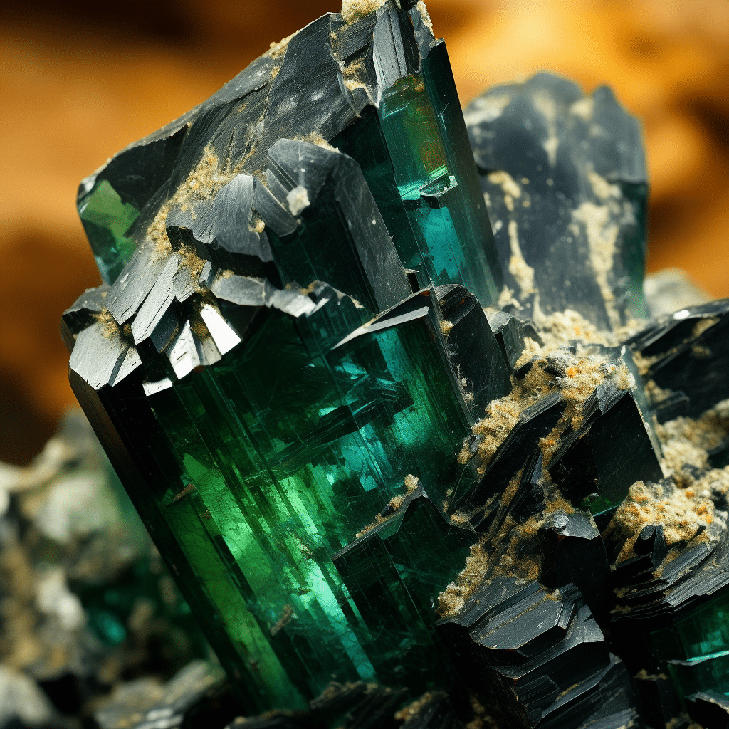 A close-up shot of a raw aegirine specimen, showing its dark green prismatic crystals embedded in igneous rocks