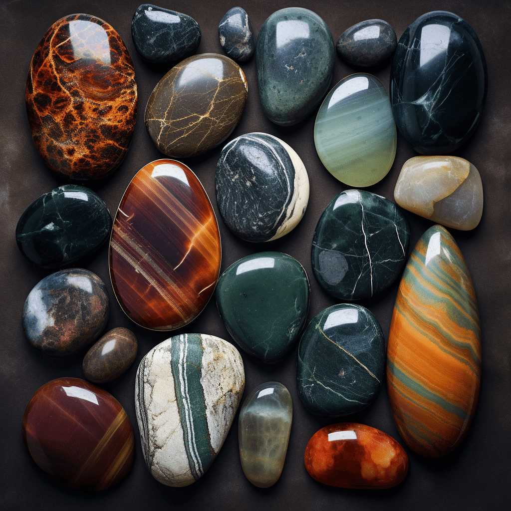 A collection of aegirine stones showcasing their varied colors from deep green to reddish brown.