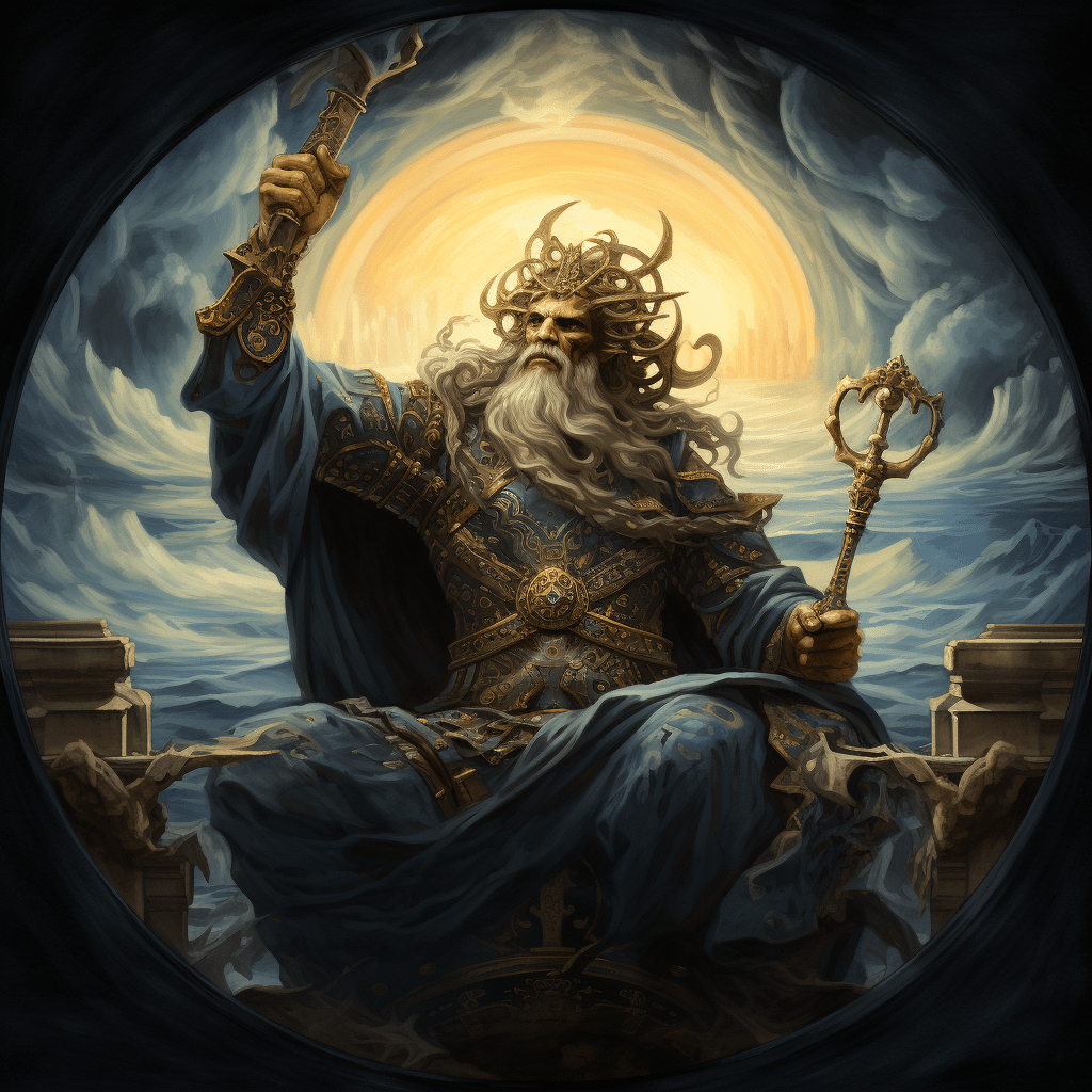 Artistic depiction of Aegir, the god of the sea, holding a piece of aegirine.