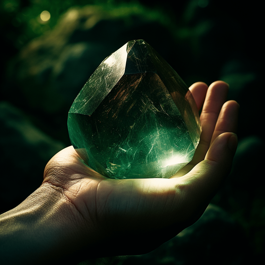 Close-up of a person's hand holding a polished aegirine stone against sunlight, illuminating its deep green hue.