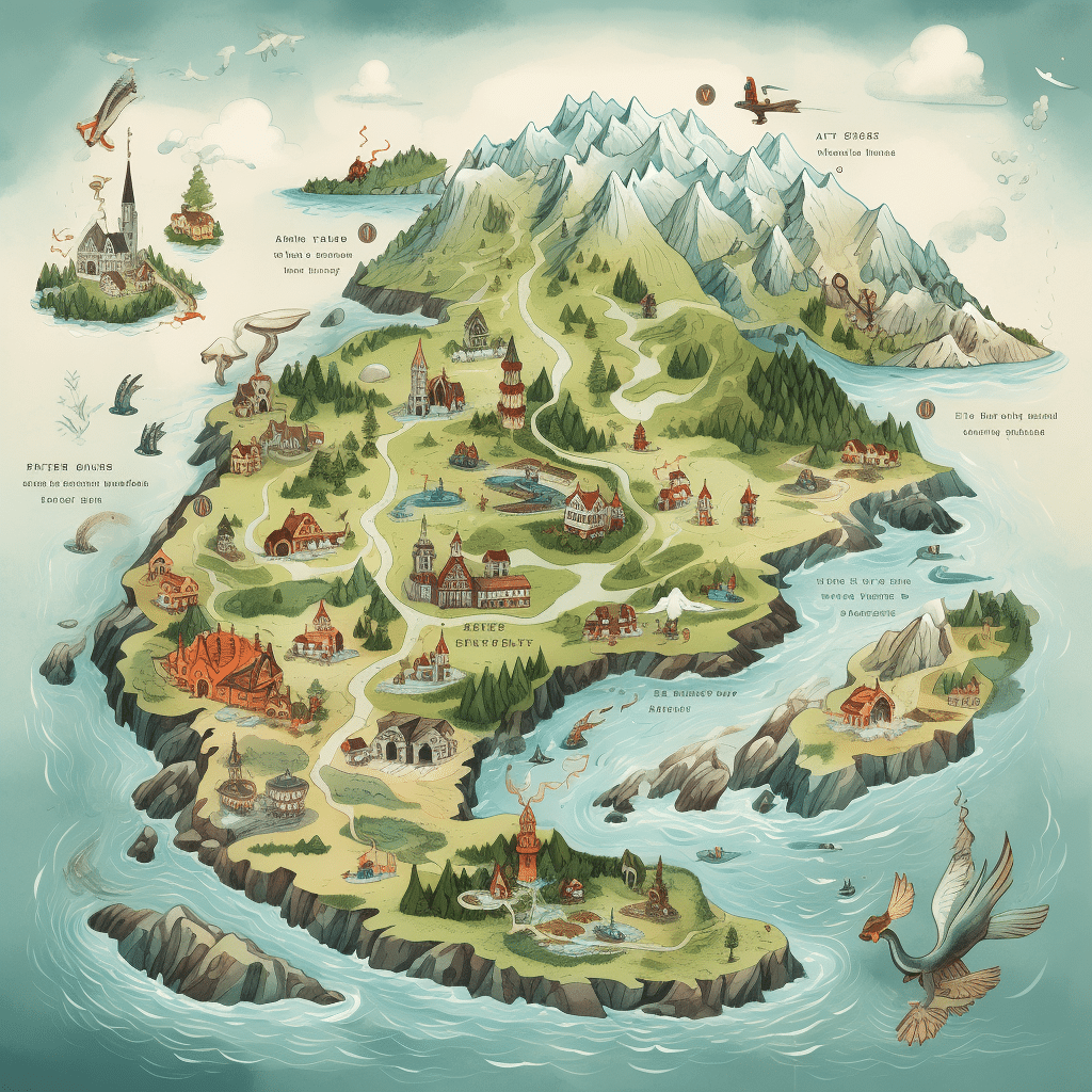 Map highlighting Norway, with illustrations of aegirine crystals sprouting from its regions.
