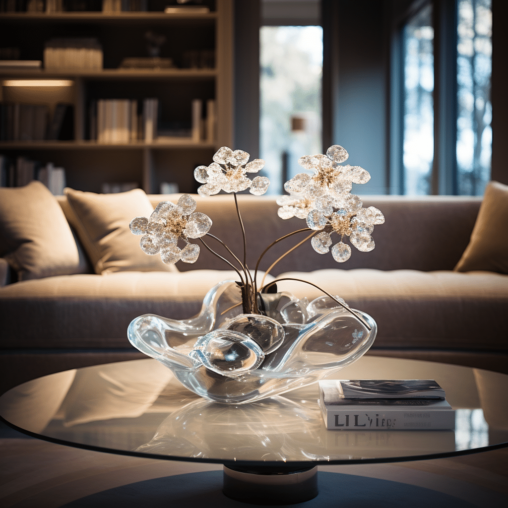 A contemporary living room setting with crystal sprays as a centerpiece on a coffee table.
