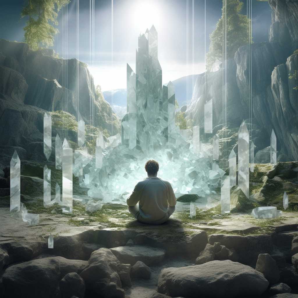 meditating individual surrounded by crystals