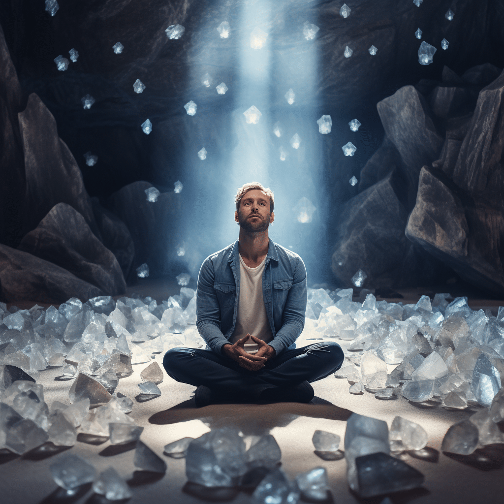 An individual meditating with aegirine crystals laid out in front of them.