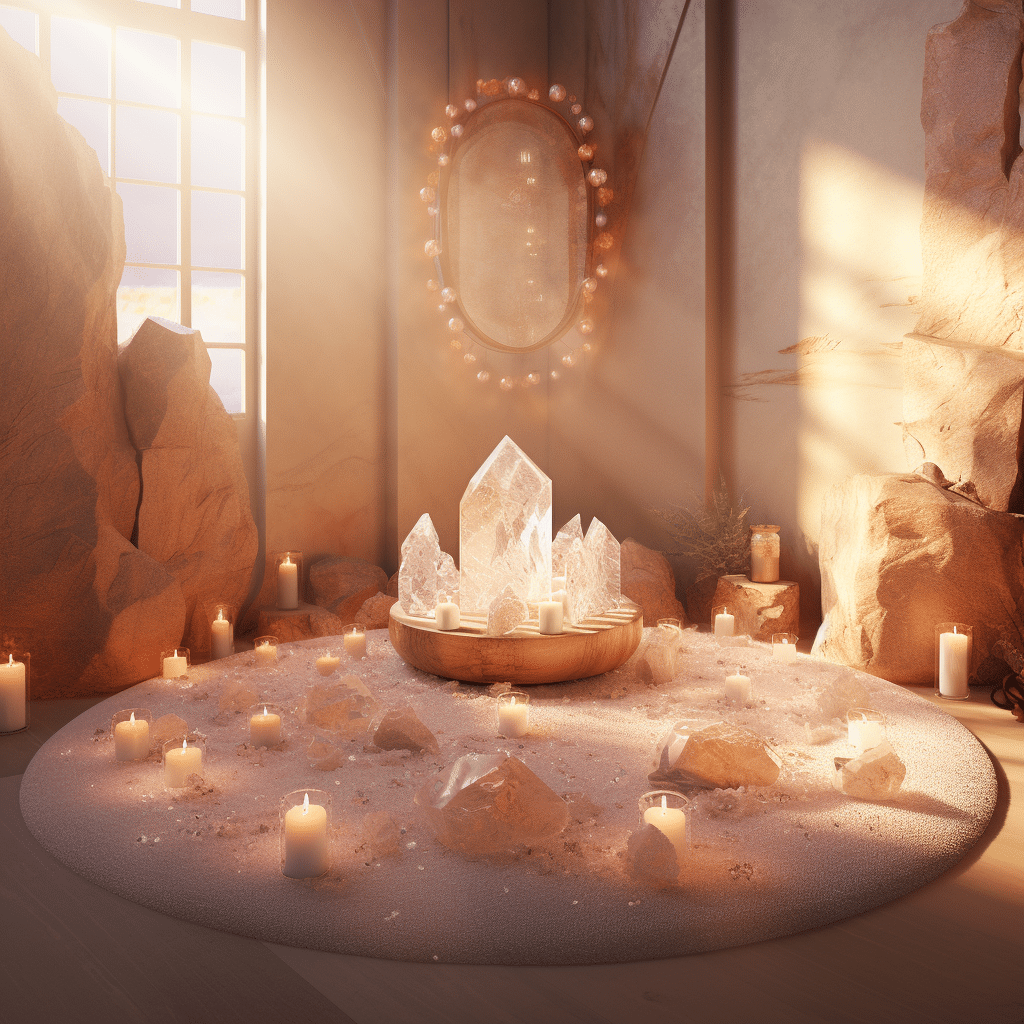 A serene meditation space with aegirine crystals arranged in a circle, with soft light cascading over them.