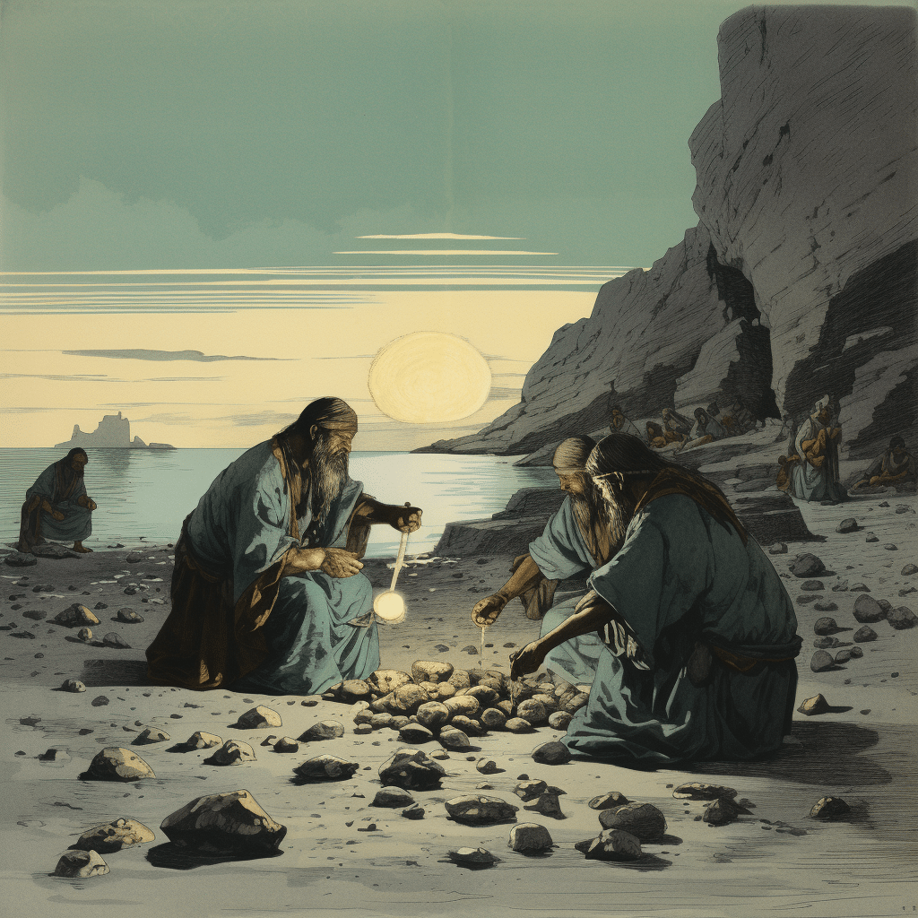 Vintage illustration of an ancient ritual by the sea, with participants holding crystals.