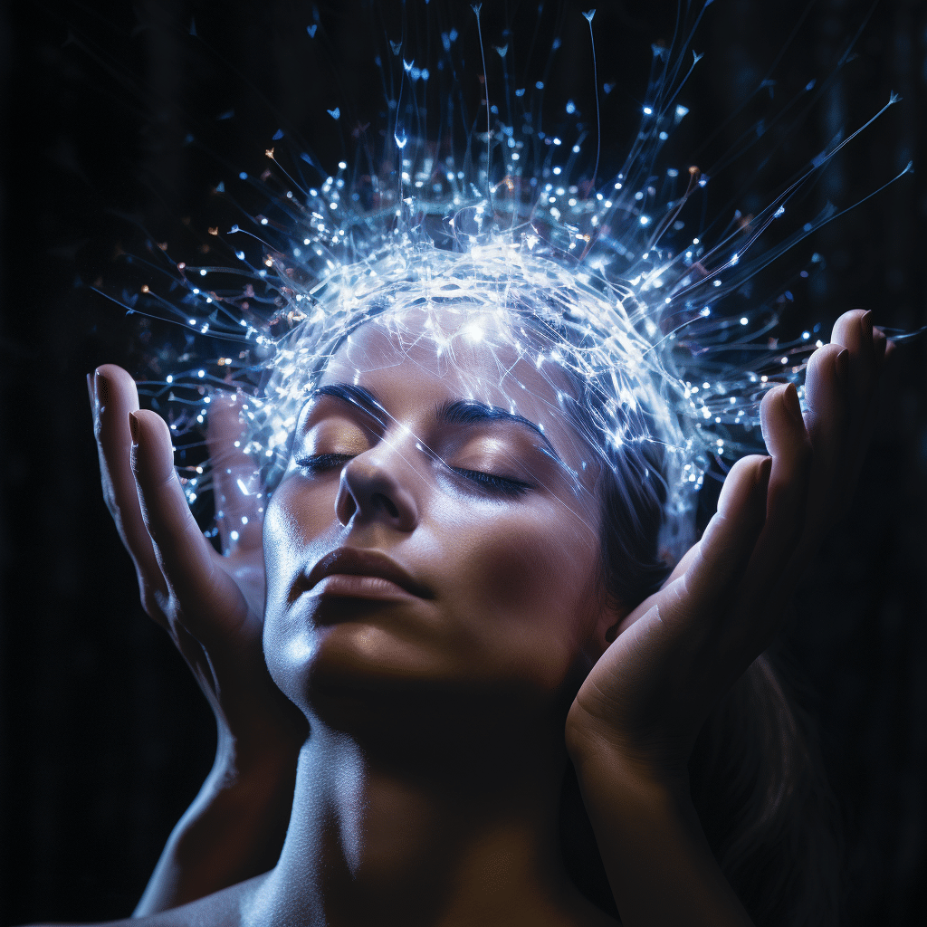 A healer's hands hovering above a person's head with a shimmering crystal, indicating energy transfer.